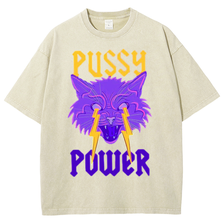 Pussy Power Unisex Oversized Print Vintage Wash Denim T-Shirt-Print-cool