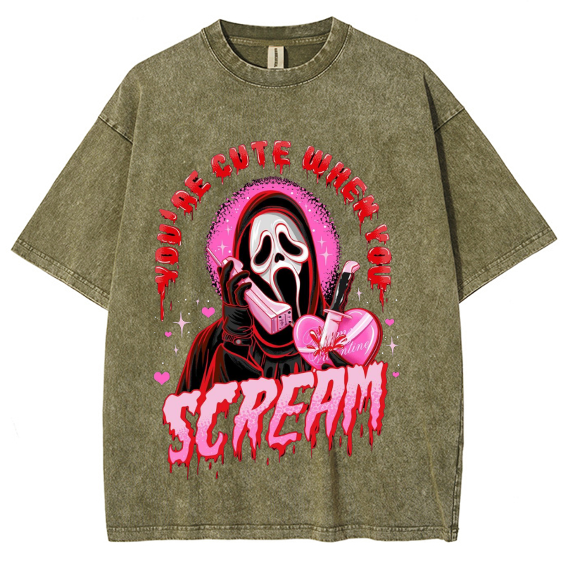 Cute Scream Unisex Vintage Solid Wash Denim T-Shirts