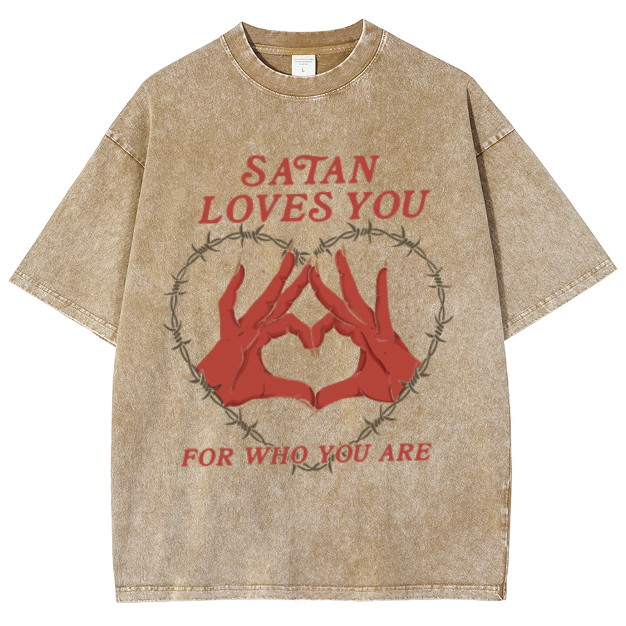 Satan Loves You Unisex Oversized Print Vintage Wash Denim T-Shirt