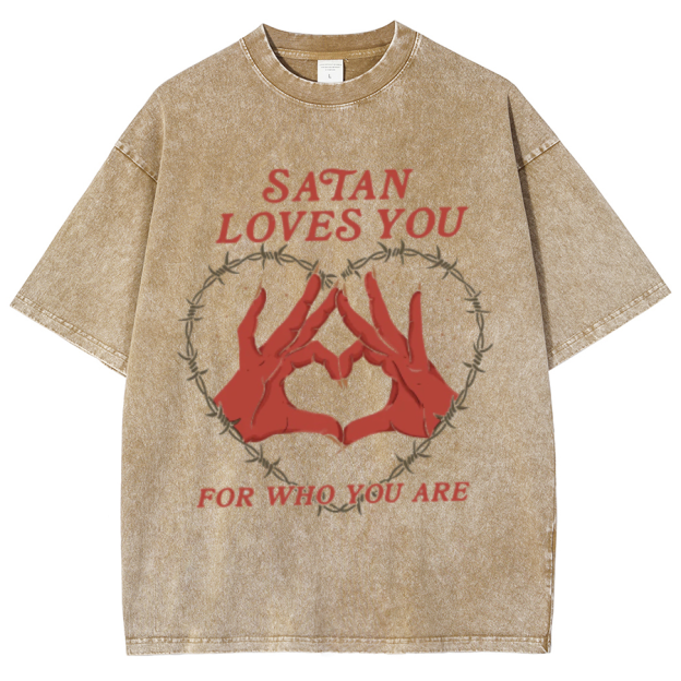 Satan Loves You Unisex Oversized Print Vintage Wash Denim T-Shirt