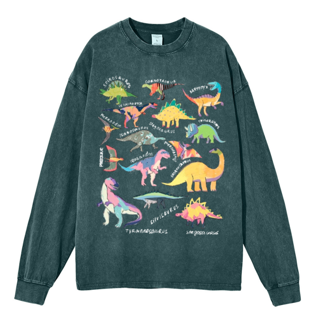 Types Of Dinosaur Unisex Casual Washed Printed Long Sleeve T-shirt