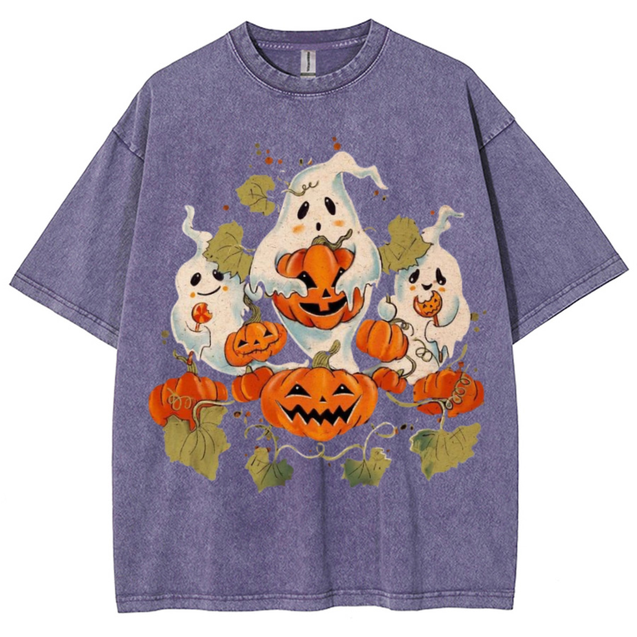 Spooky Pumpkin Unisex Printed Retro Washed Short Sleeved T-Shirt