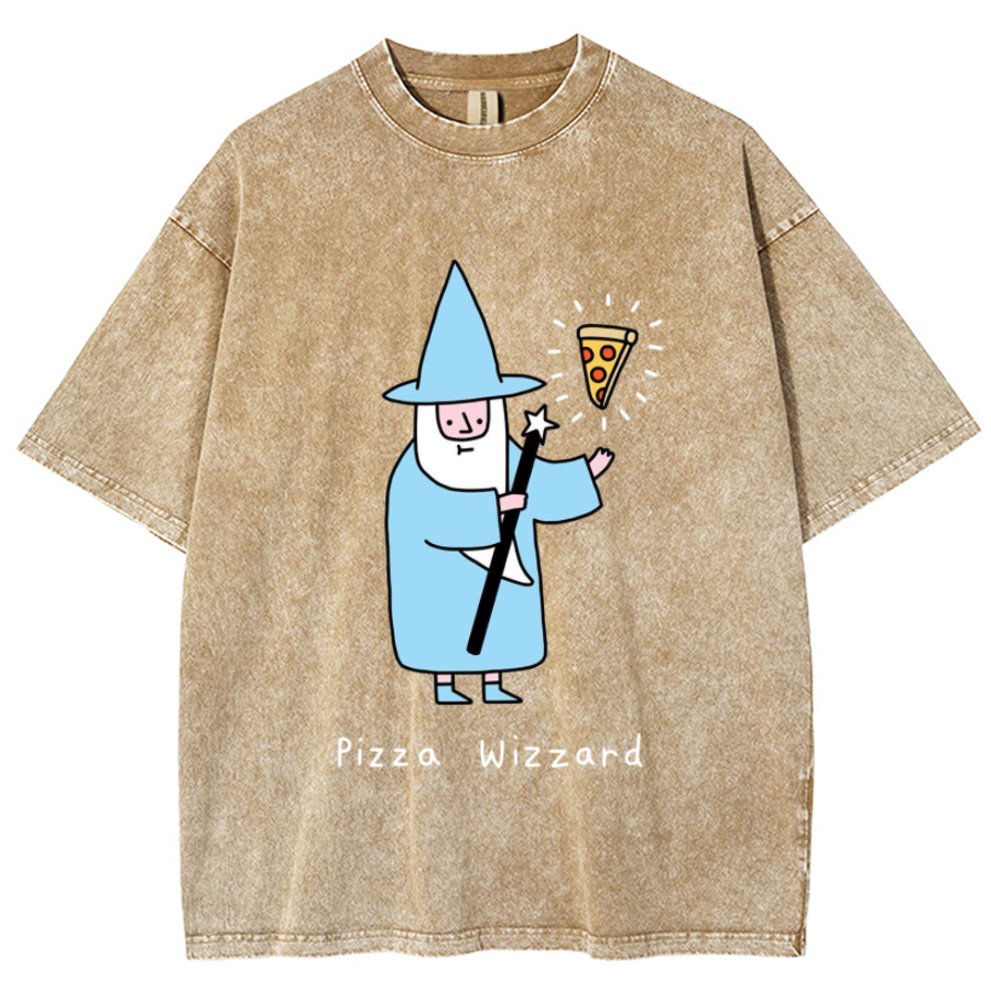 Pizza Wizzard Unisex Printed Retro Washed Short Sleeved T-Shirt-Print-cool
