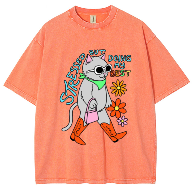 Stressed But Doing My Best Cat Unisex Printed Retro Washed Short Sleeved T-Shirt
