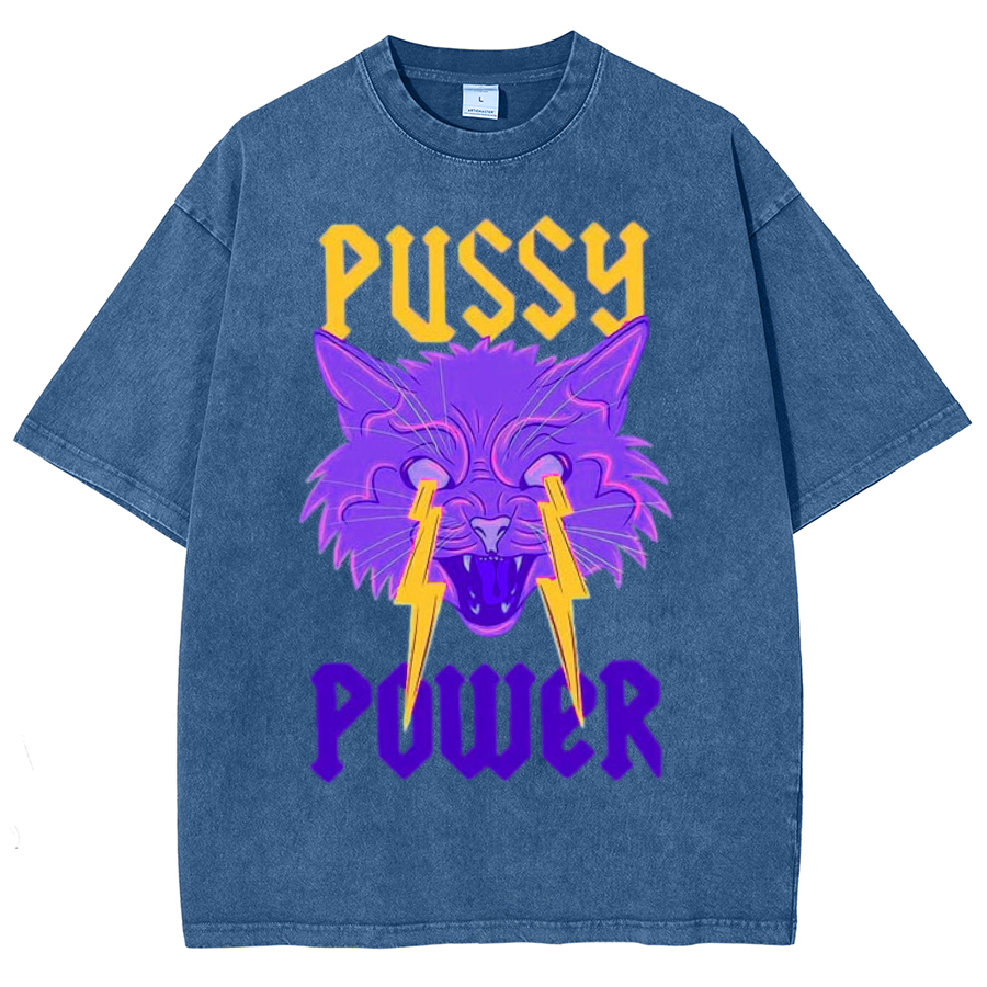 Pussy Power Unisex Oversized Print Vintage Wash Denim T-Shirt-Print-cool