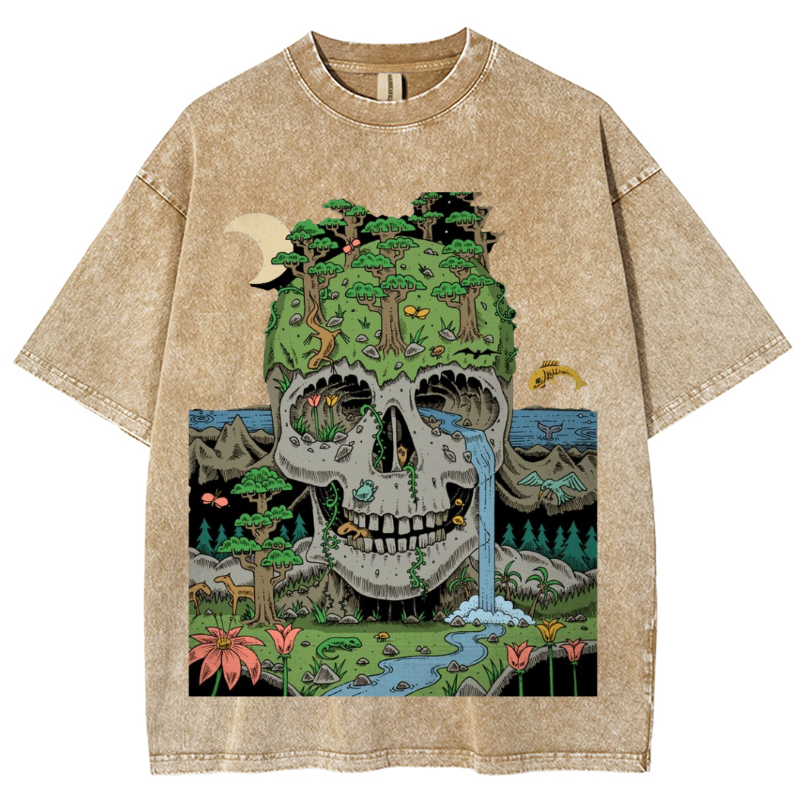Skull Crying Unisex Vintage Solid Wash Denim T-Shirts-Print-cool