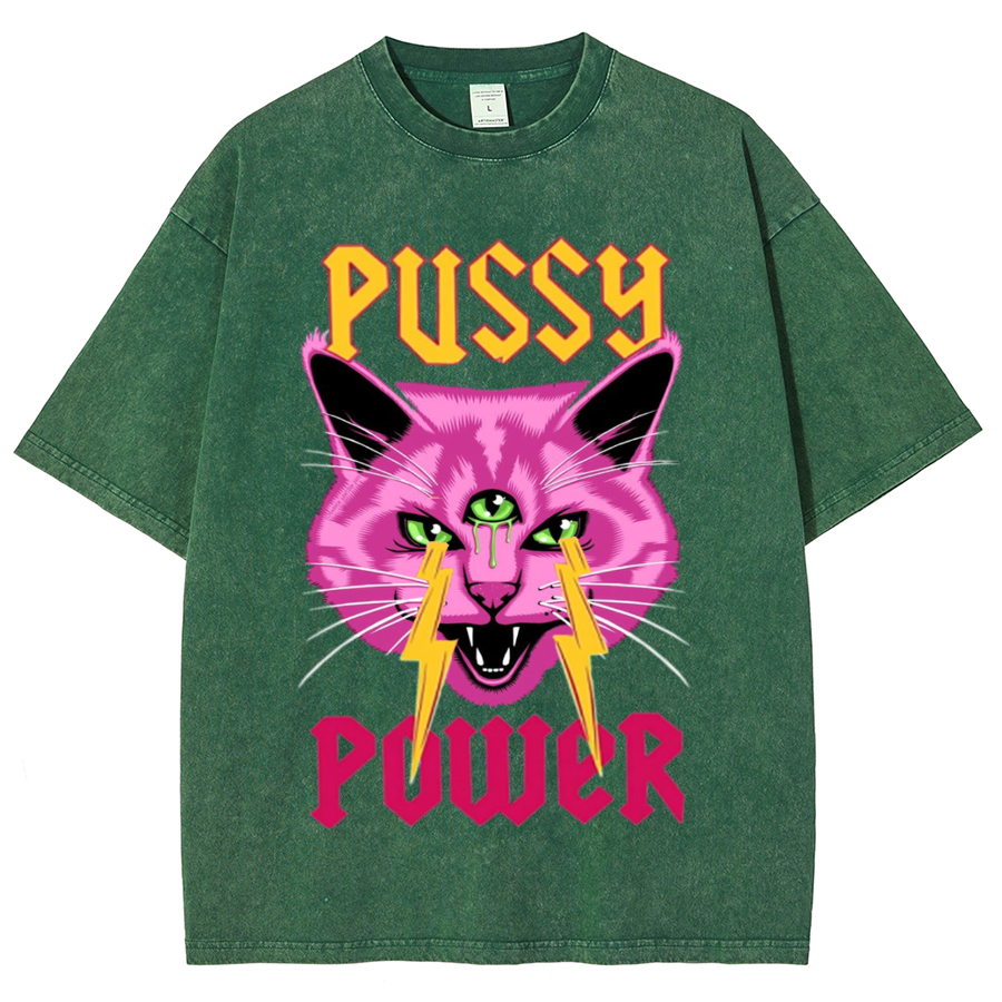 Pussy Power Unisex Oversized Print Vintage Wash Denim T-Shirt