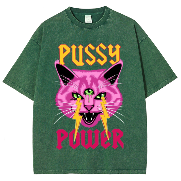 Pussy Power Unisex Oversized Print Vintage Wash Denim T-Shirt