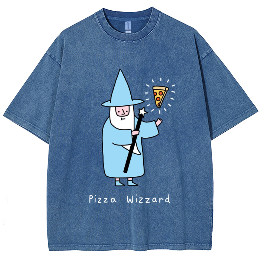 Pizza Wizzard Unisex Printed Retro Washed Short Sleeved T-Shirt-Print-cool
