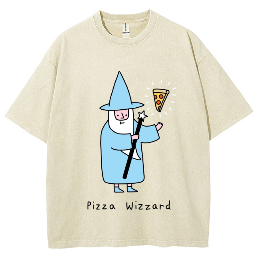 Pizza Wizzard Unisex Printed Retro Washed Short Sleeved T-Shirt-Print-cool