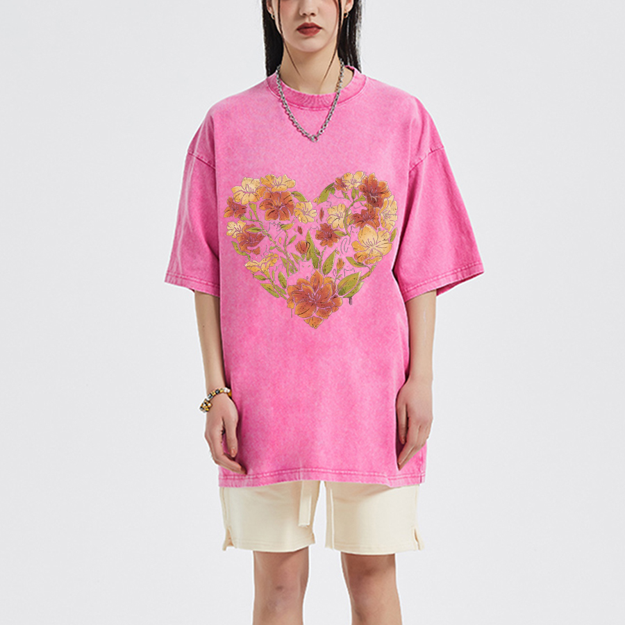 Flowers Cat Unisex Oversized Print Vintage Wash Denim T-Shirt-Print-cool