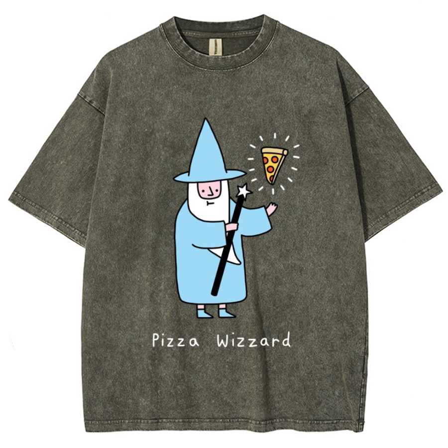 Pizza Wizzard Unisex Printed Retro Washed Short Sleeved T-Shirt-Print-cool