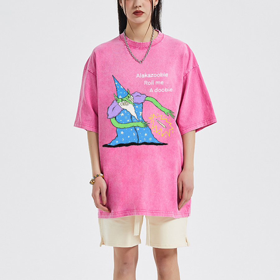 Roll Me Unisex Oversized Print Vintage Wash Denim T-Shirt