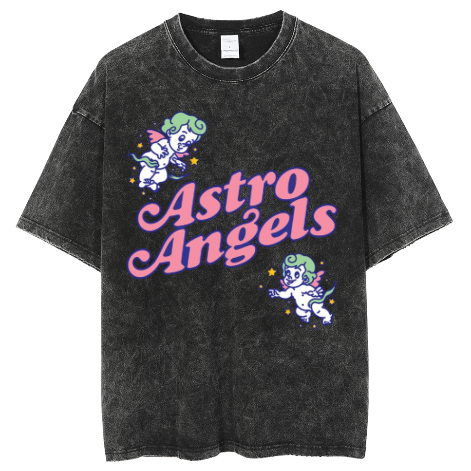 Astro Angels Unisex Oversized Print Vintage Wash Denim T-Shirt