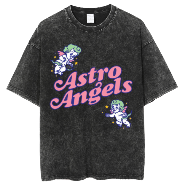Astro Angels Unisex Oversized Print Vintage Wash Denim T-Shirt