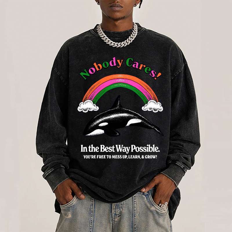 Nobody Cares Unisex Casual Washed Printed Long Sleeve T-shirt