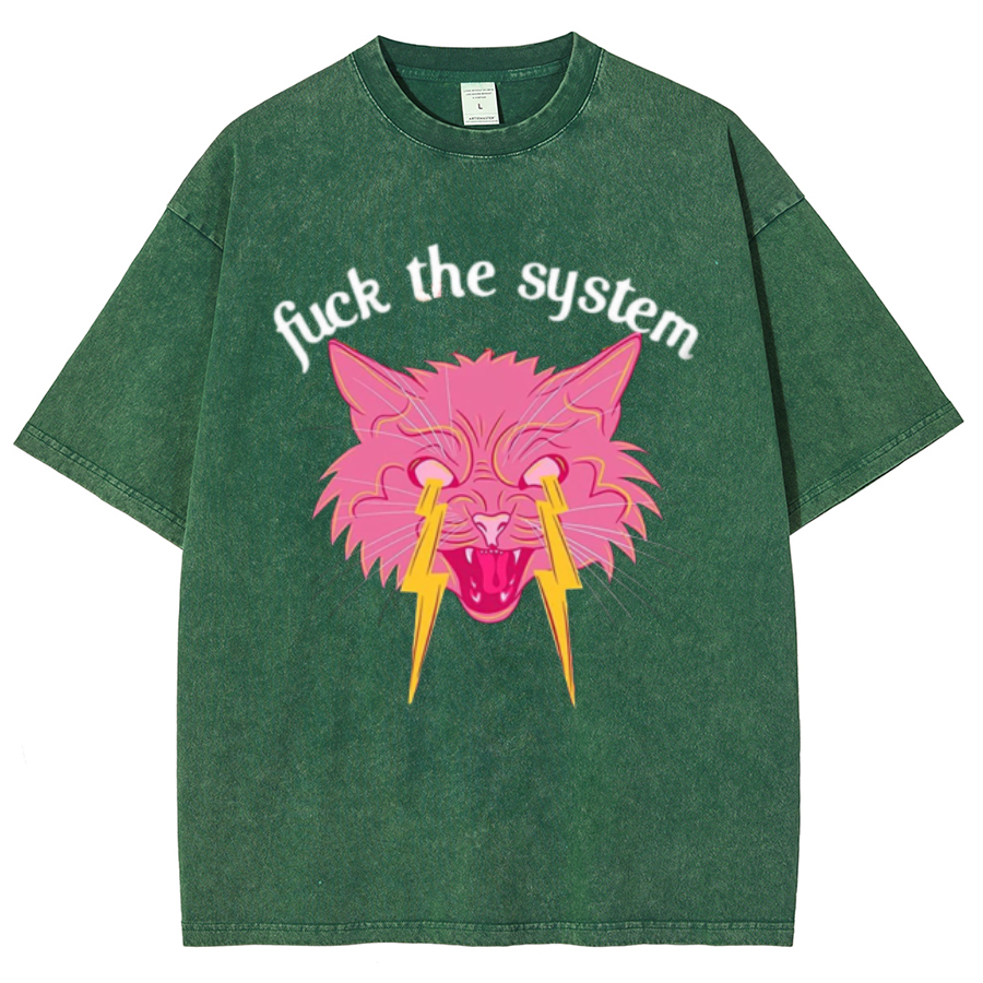 Fuck The System Unisex Oversized Print Vintage Wash Denim T-Shirt-Print-cool