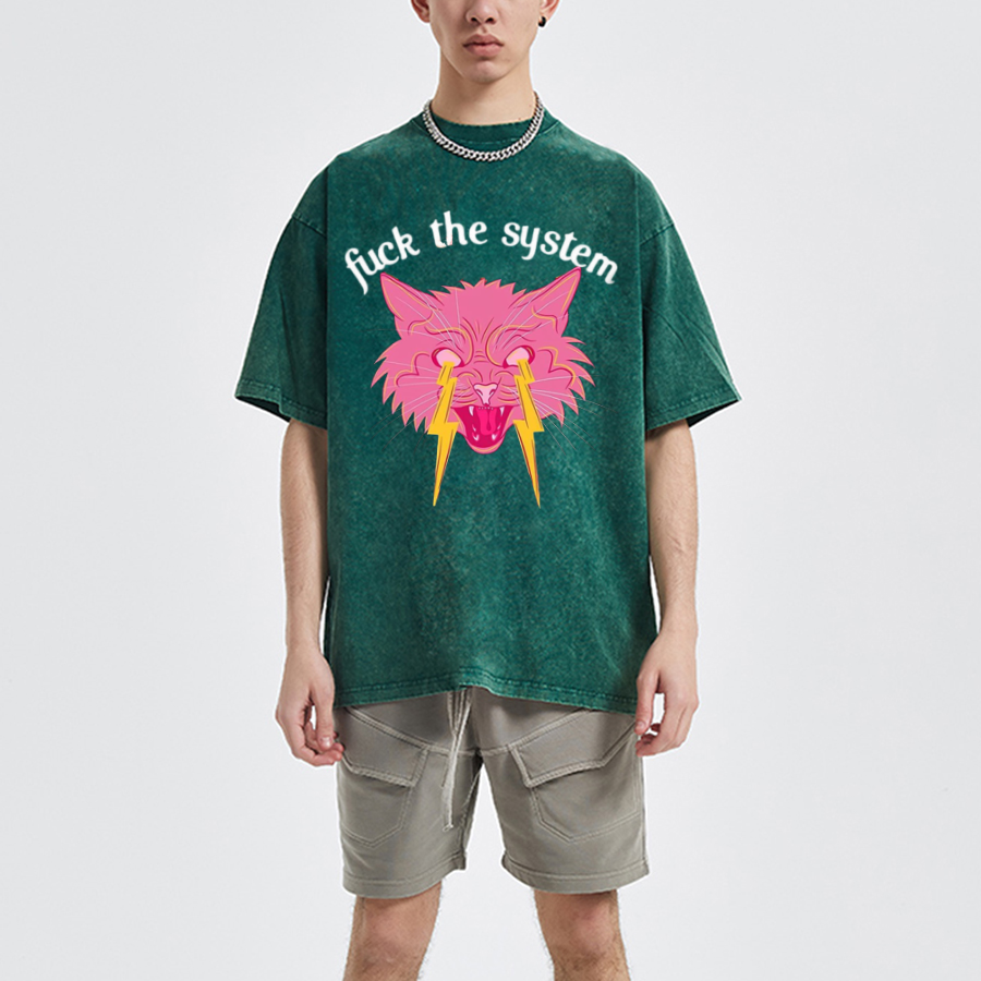 Fuck The System Unisex Oversized Print Vintage Wash Denim T-Shirt-Print-cool