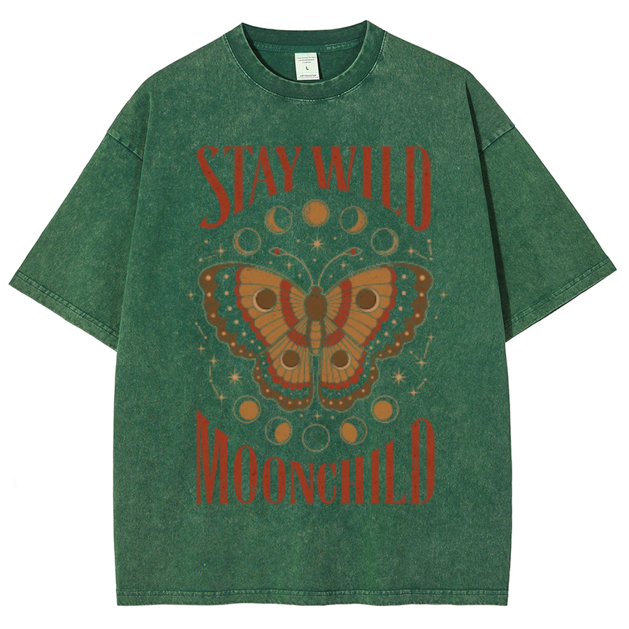 Stay Wild Unisex Oversized Print Vintage Wash Denim T-Shirt-Print-cool