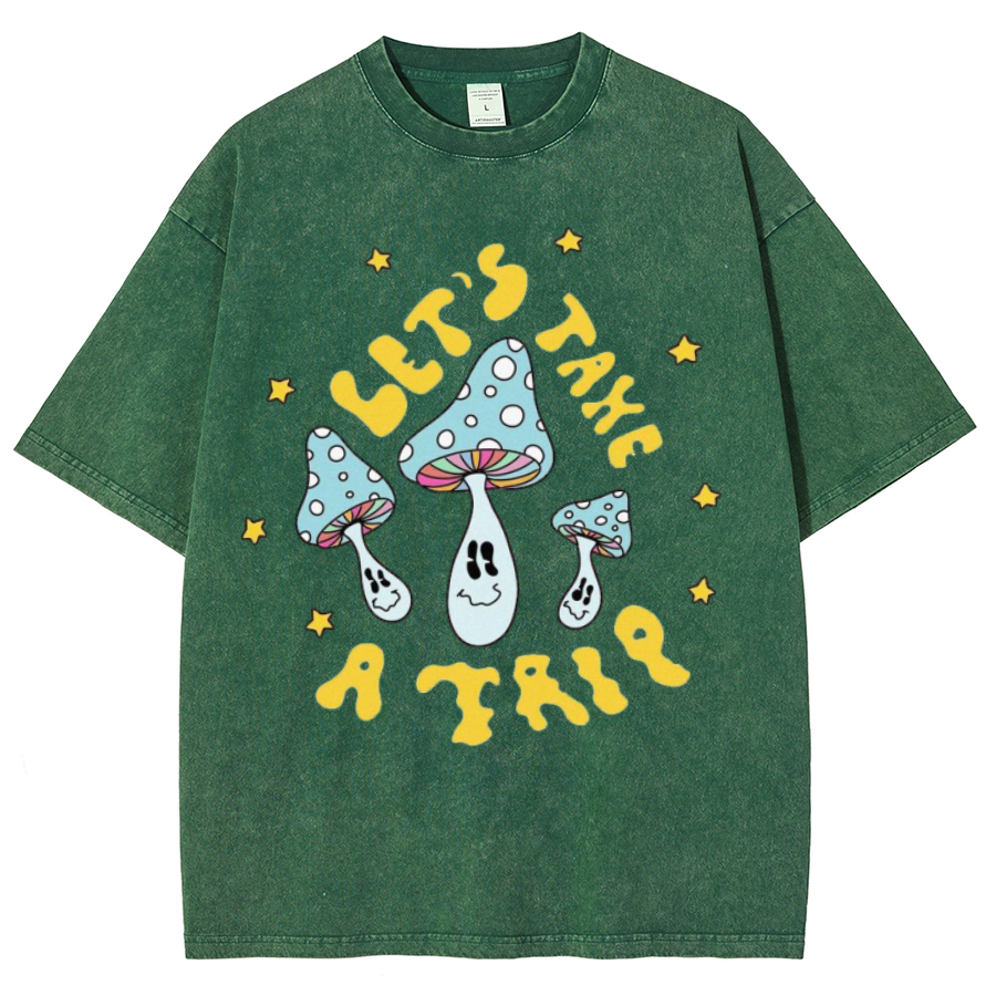 Lets Take A Trip Unisex Oversized Print Vintage Wash Denim T-Shirt