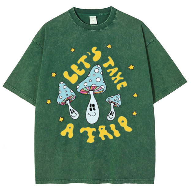 Lets Take A Trip Unisex Oversized Print Vintage Wash Denim T-Shirt