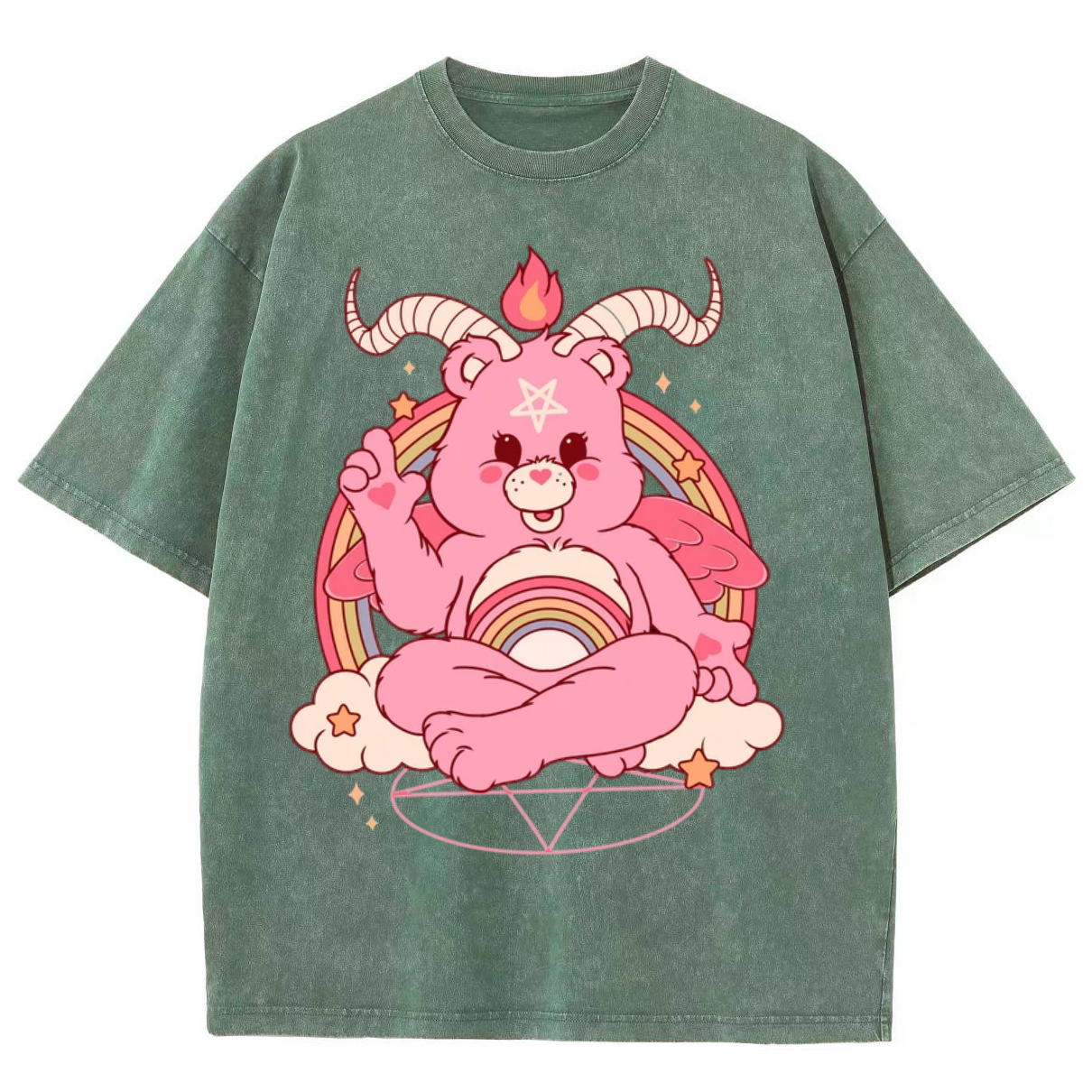 Funny Bear Unisex Printed Retro Washed Short Sleeved T-Shirt