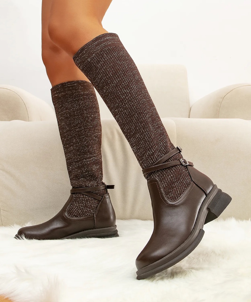 Mousse Fit Women Double Strap Decor High Boots