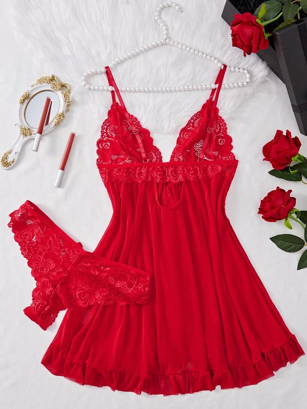 Ladies' sexy ruffle trim Cami nightdress & Bow decor panty set