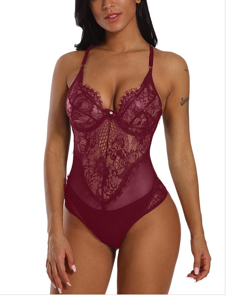 Lace Floral Push Up Spaghetti Strap Bodysuit Red