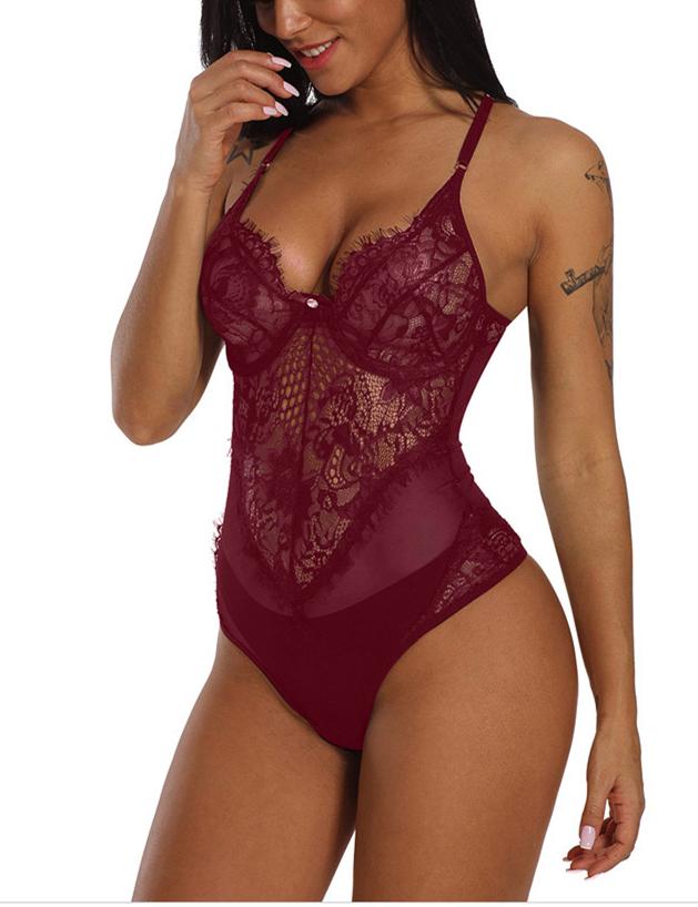 Lace Floral Push Up Spaghetti Strap Bodysuit Red