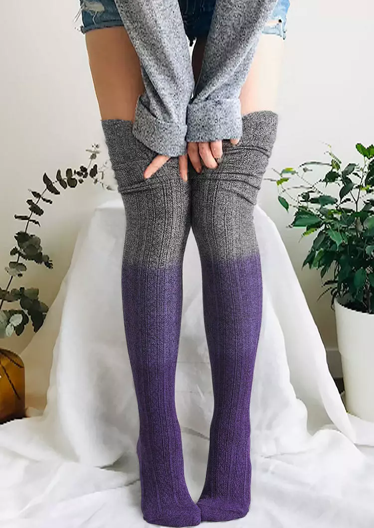 Gradient Knitted Thigh-High Socks - Purple