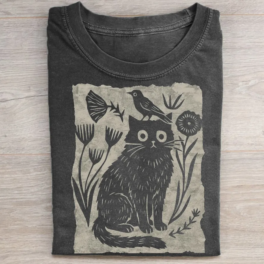 Floral Cat and Bird T-shirt