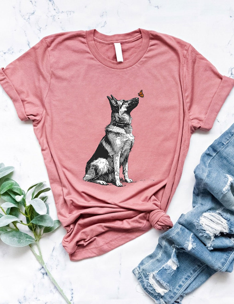 German Shepherd with Butterfly Funny T-shirt