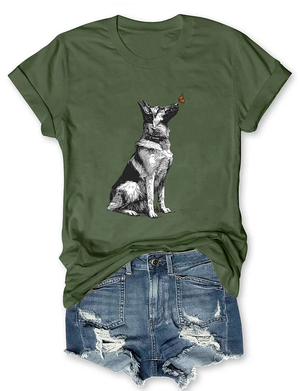 German Shepherd with Butterfly Funny T-shirt