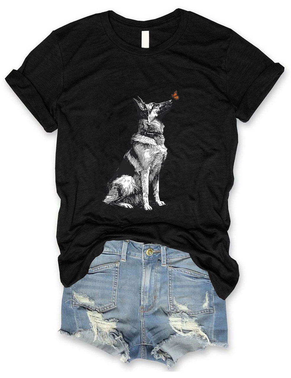 German Shepherd with Butterfly Funny T-shirt