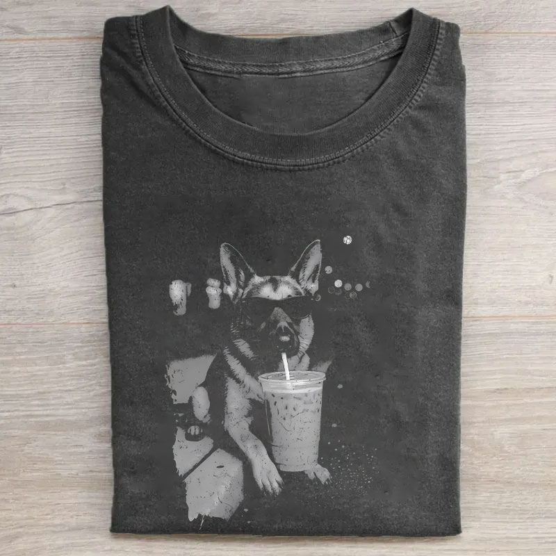 German Shepherd Drinking Iced Coffee Funny T-shirt