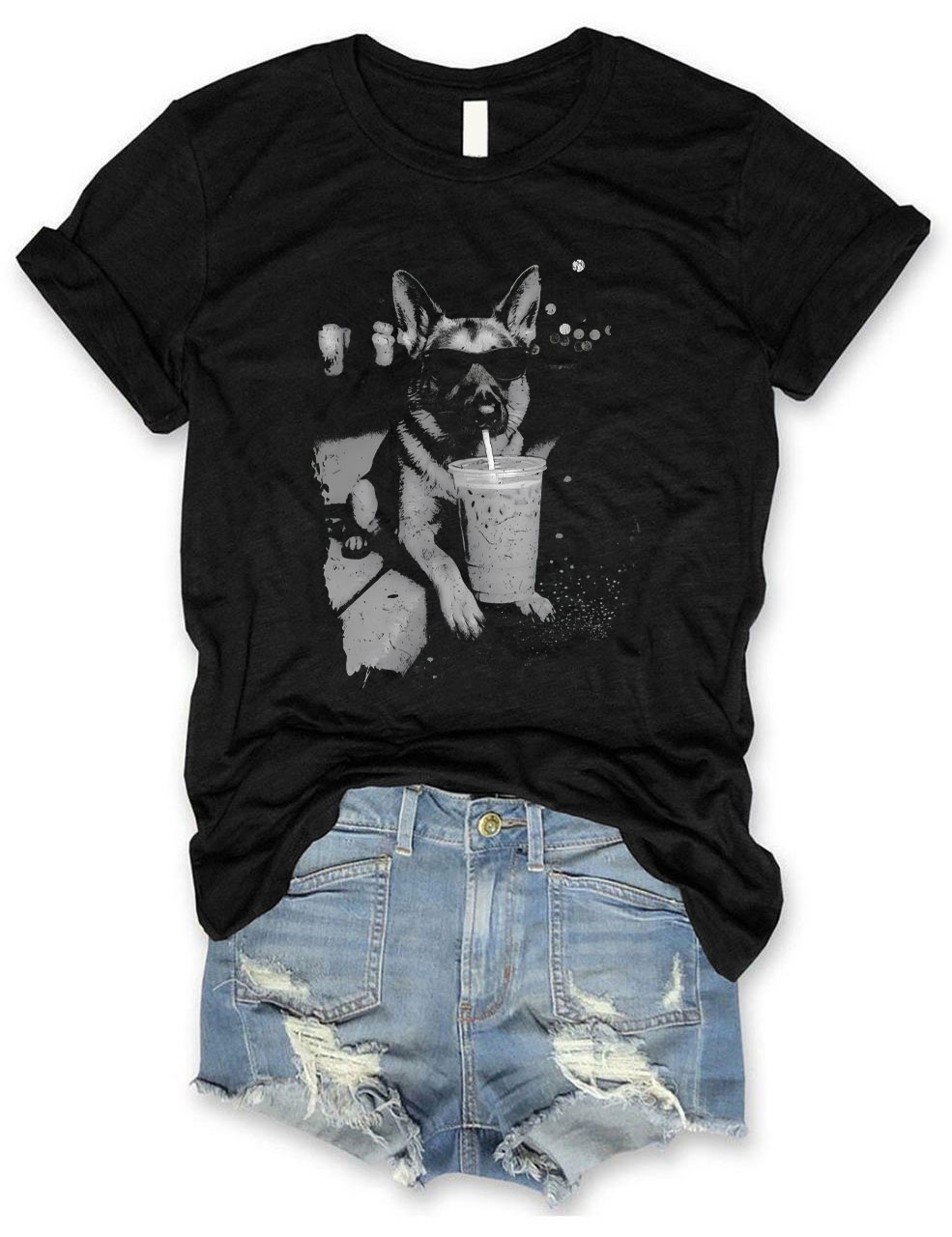 German Shepherd Drinking Iced Coffee Funny T-shirt