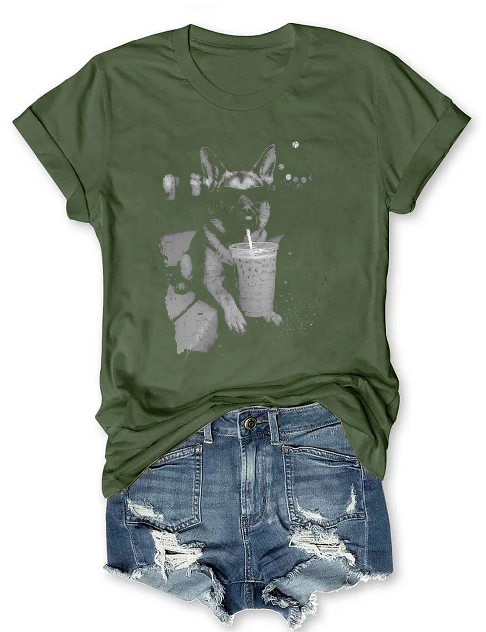German Shepherd Drinking Iced Coffee Funny T-shirt