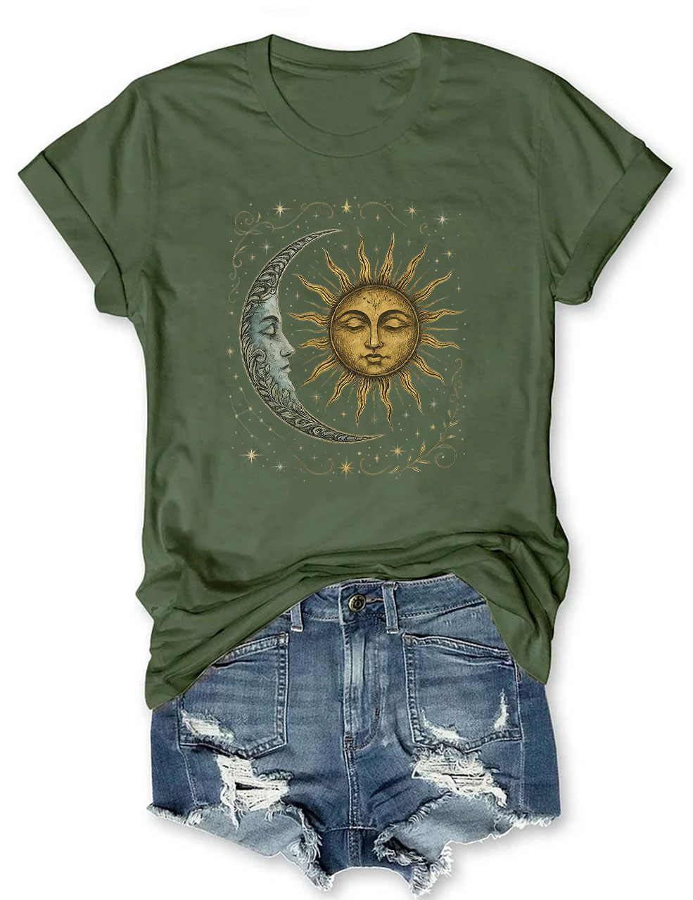 Boho Celestial Moon and Radiant Sun Spiritual T-Shirt