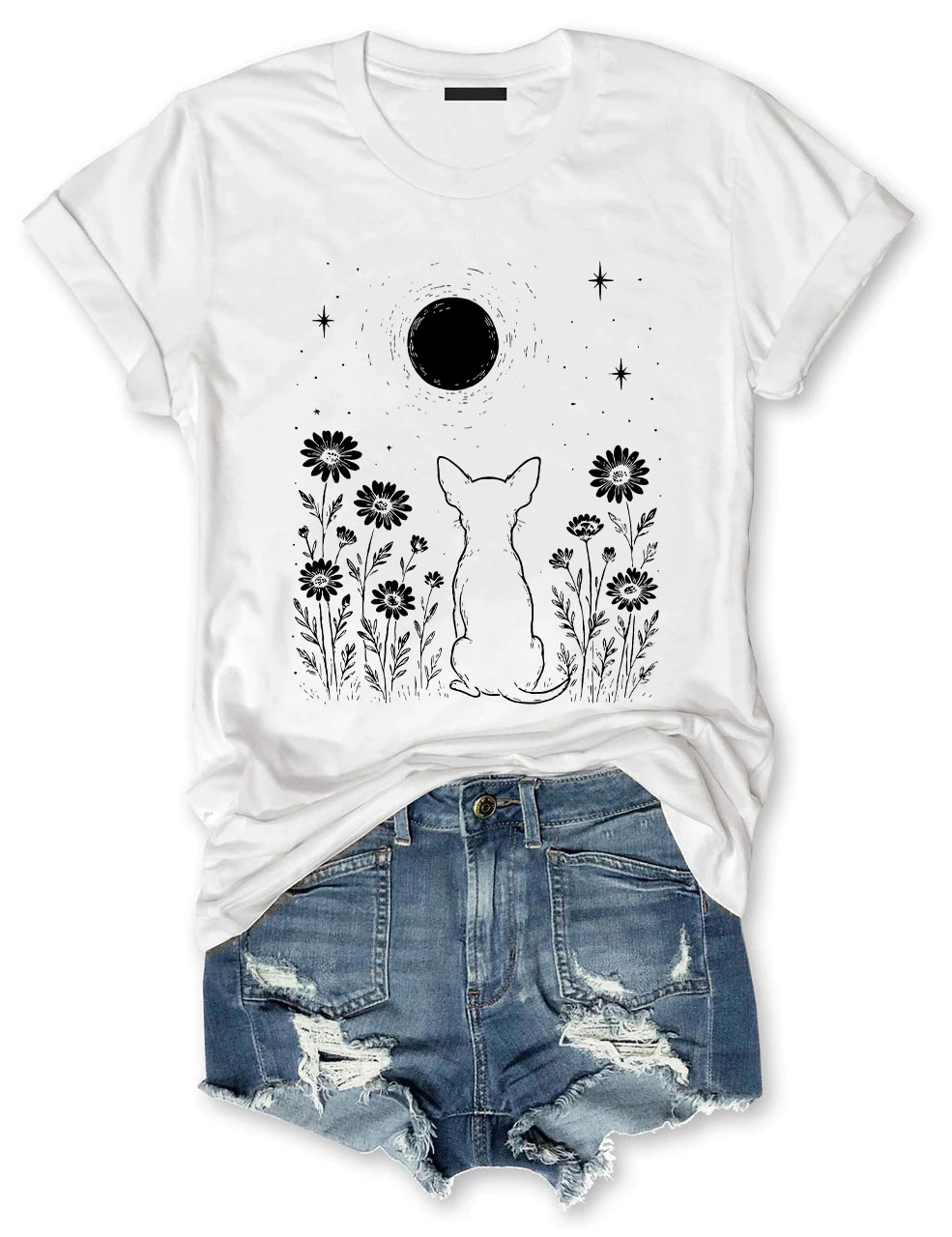 Minimalist Boho Chihuahua Night Flower T-shirt