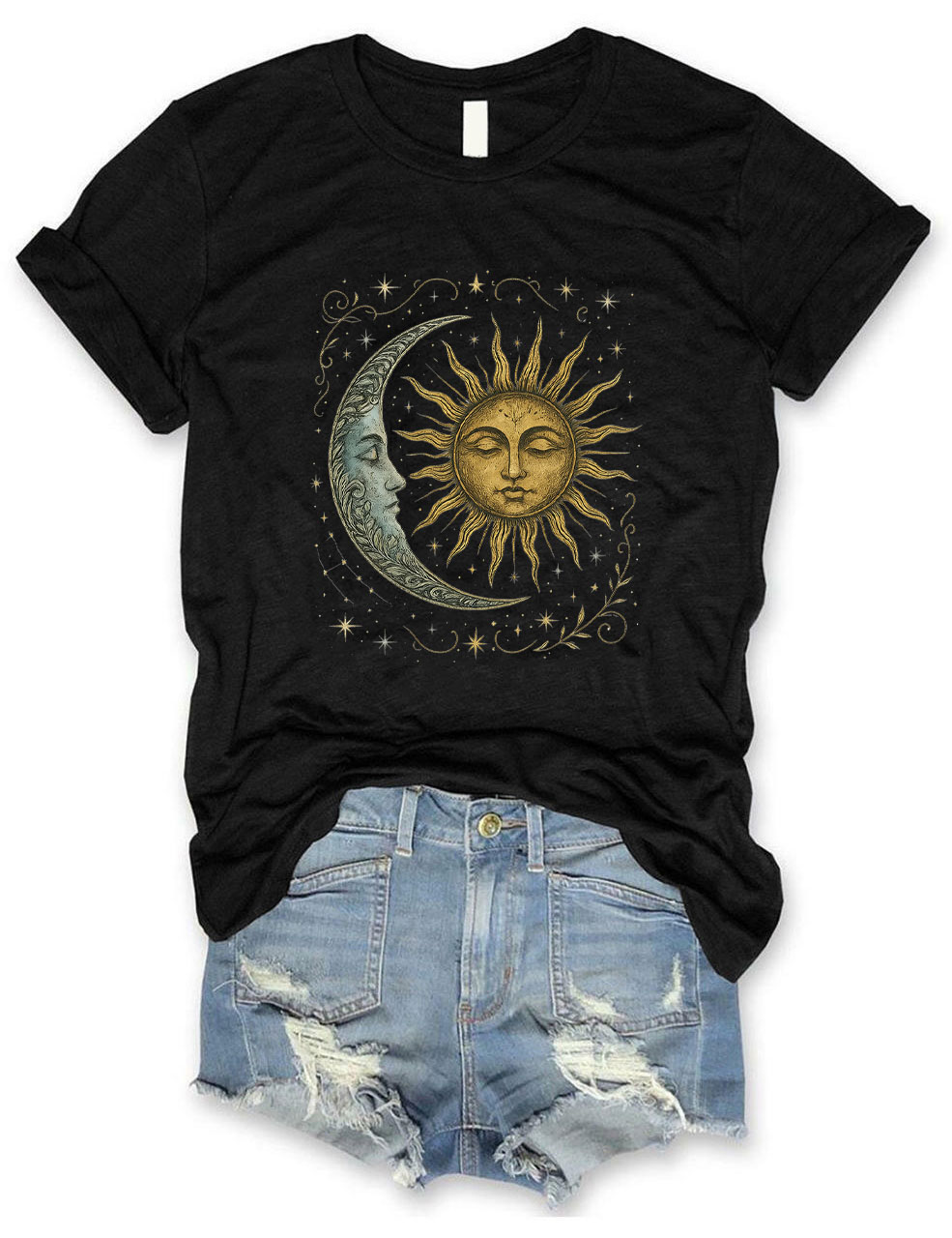 Boho Celestial Moon and Radiant Sun Spiritual T-Shirt