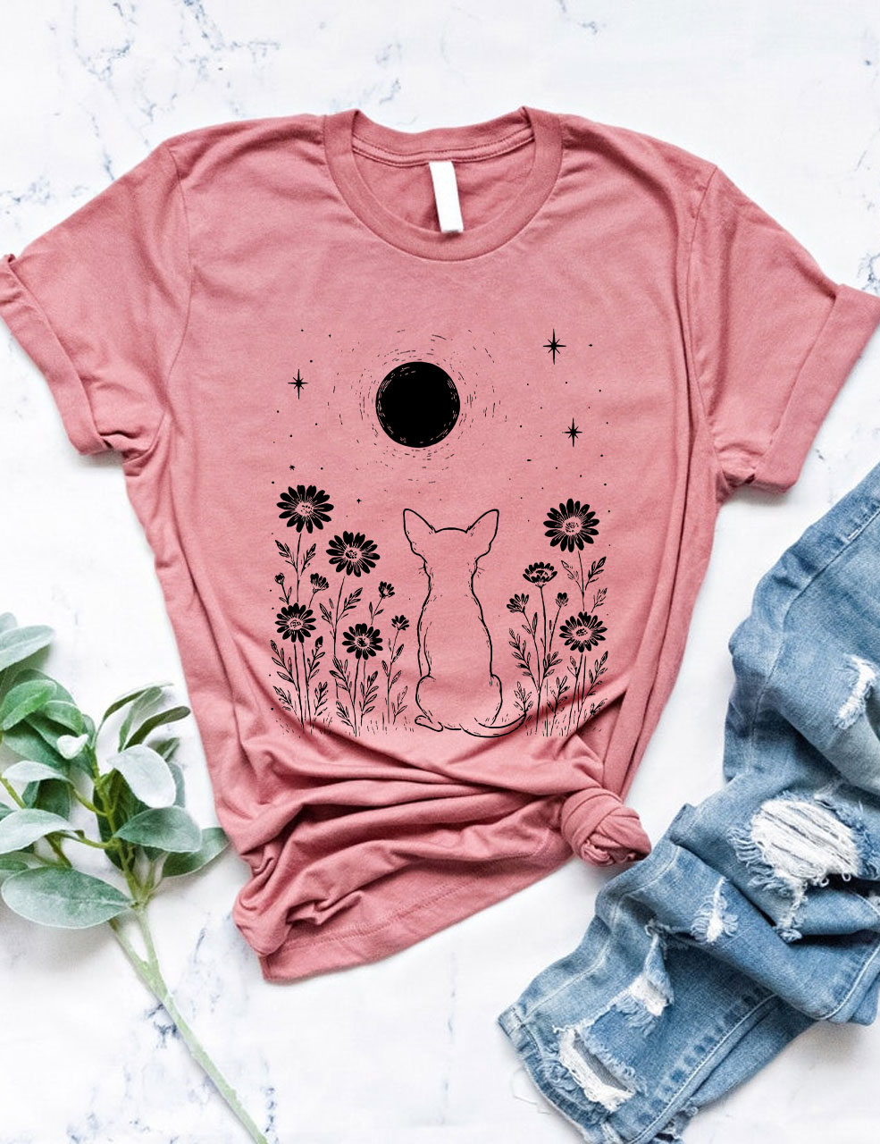 Minimalist Boho Chihuahua Night Flower T-shirt