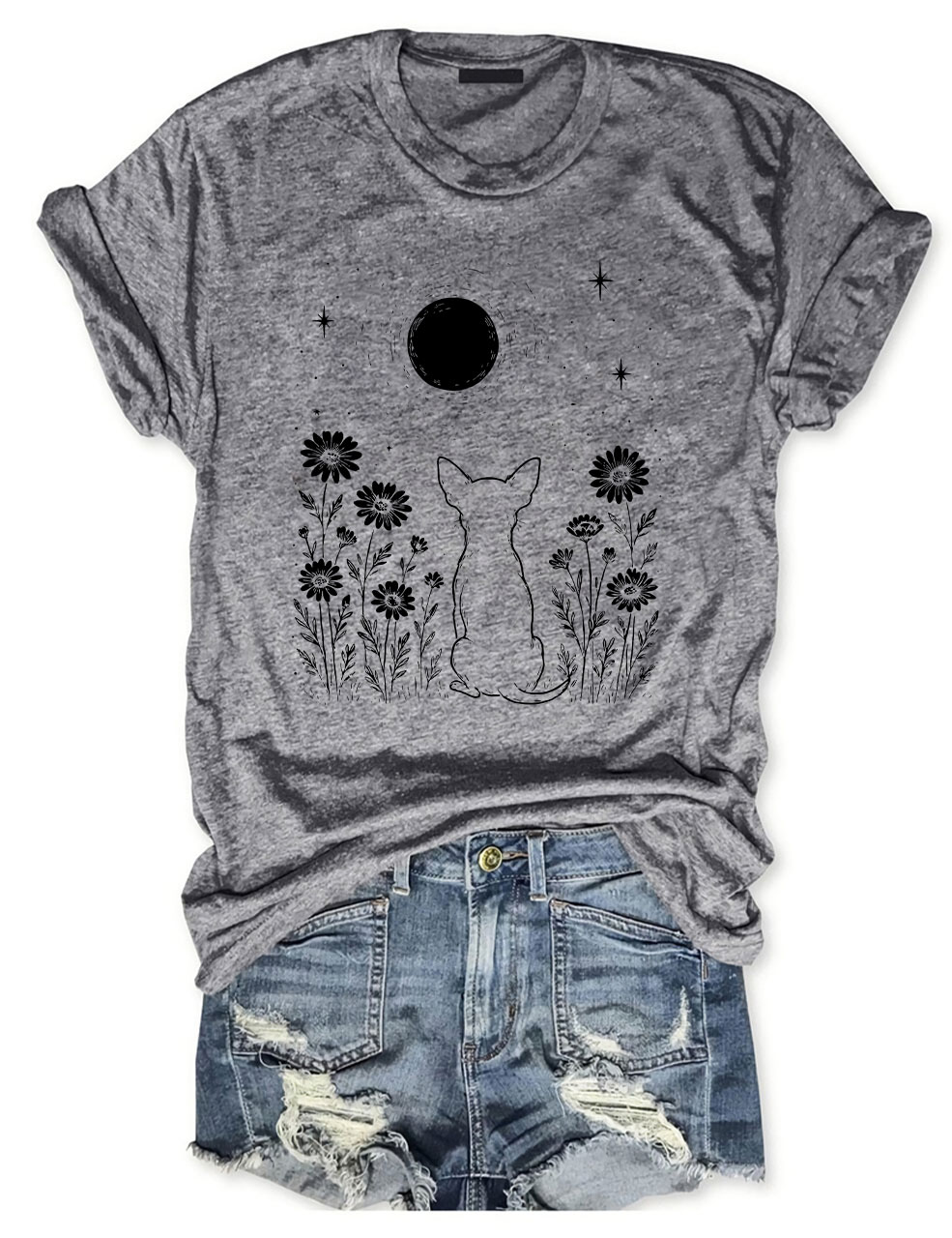 Minimalist Boho Chihuahua Night Flower T-shirt