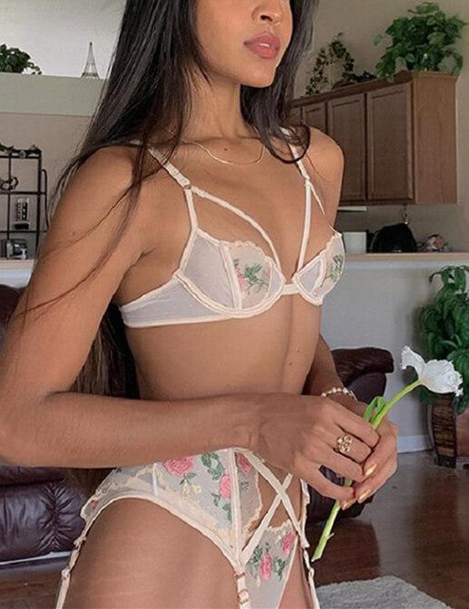 Rose  Embroidered Bralette & Underwear Lingerie Sets
