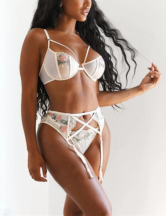 Rose  Embroidered Bralette & Underwear Lingerie Sets