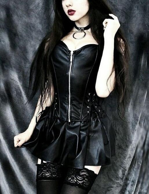 Lace Up Overbust Leather Corset & Skirt