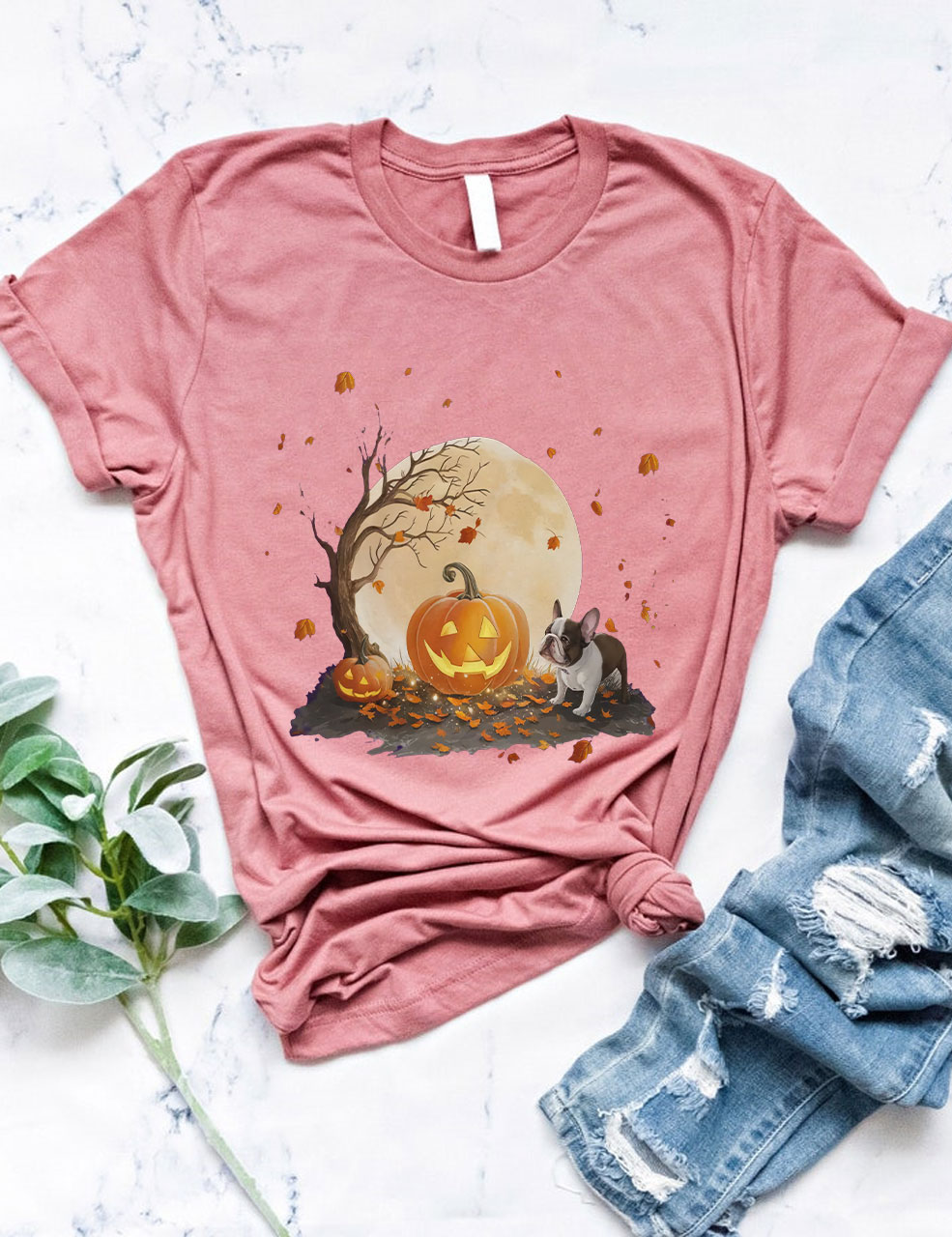 Halloween Pumpkin and Full Moon Cute French Bulldog T-shirt