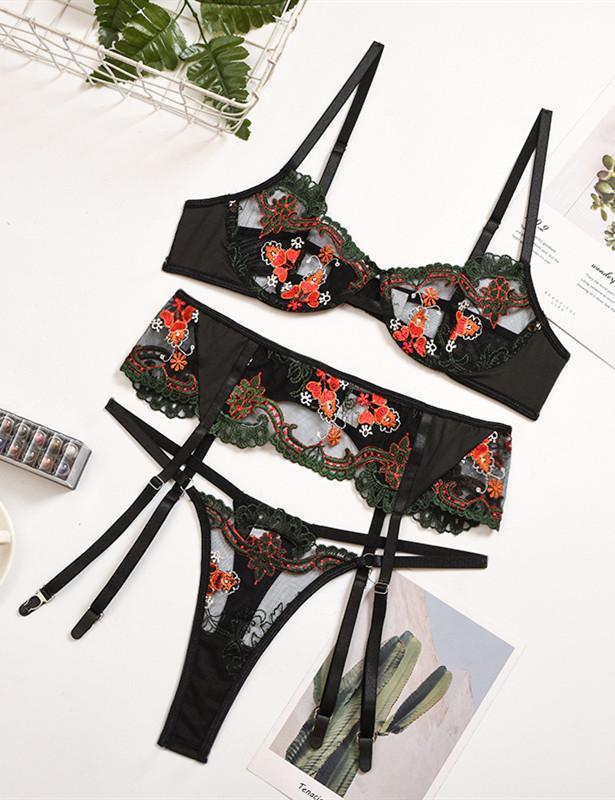 Embroidery Lace Garter Bra & Panties Set