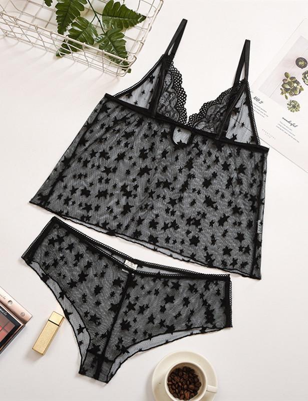 Stars Lace Mesh Spaghetti Strap Sleepwear Set