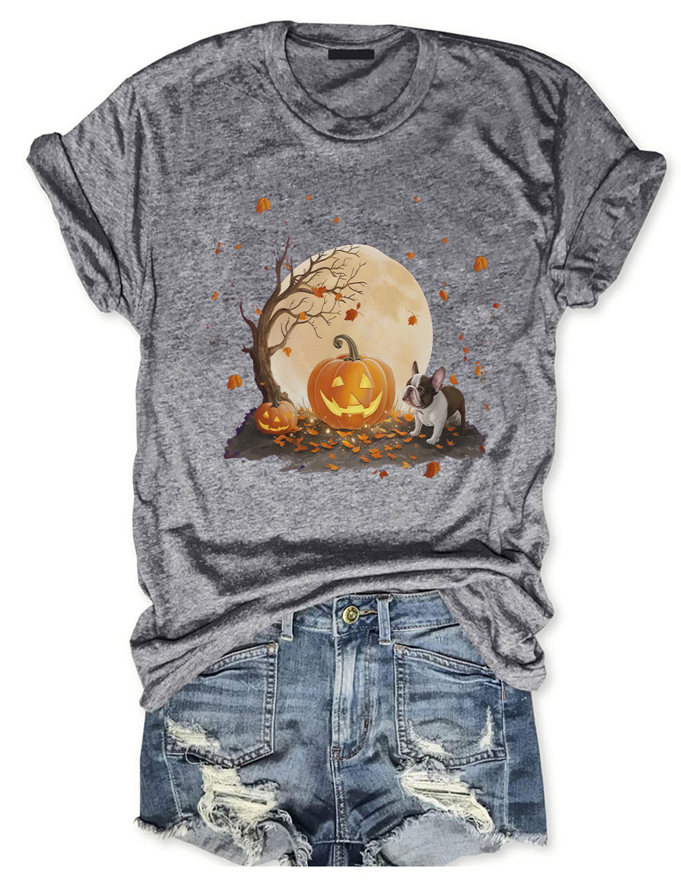 Halloween Pumpkin and Full Moon Cute French Bulldog T-shirt